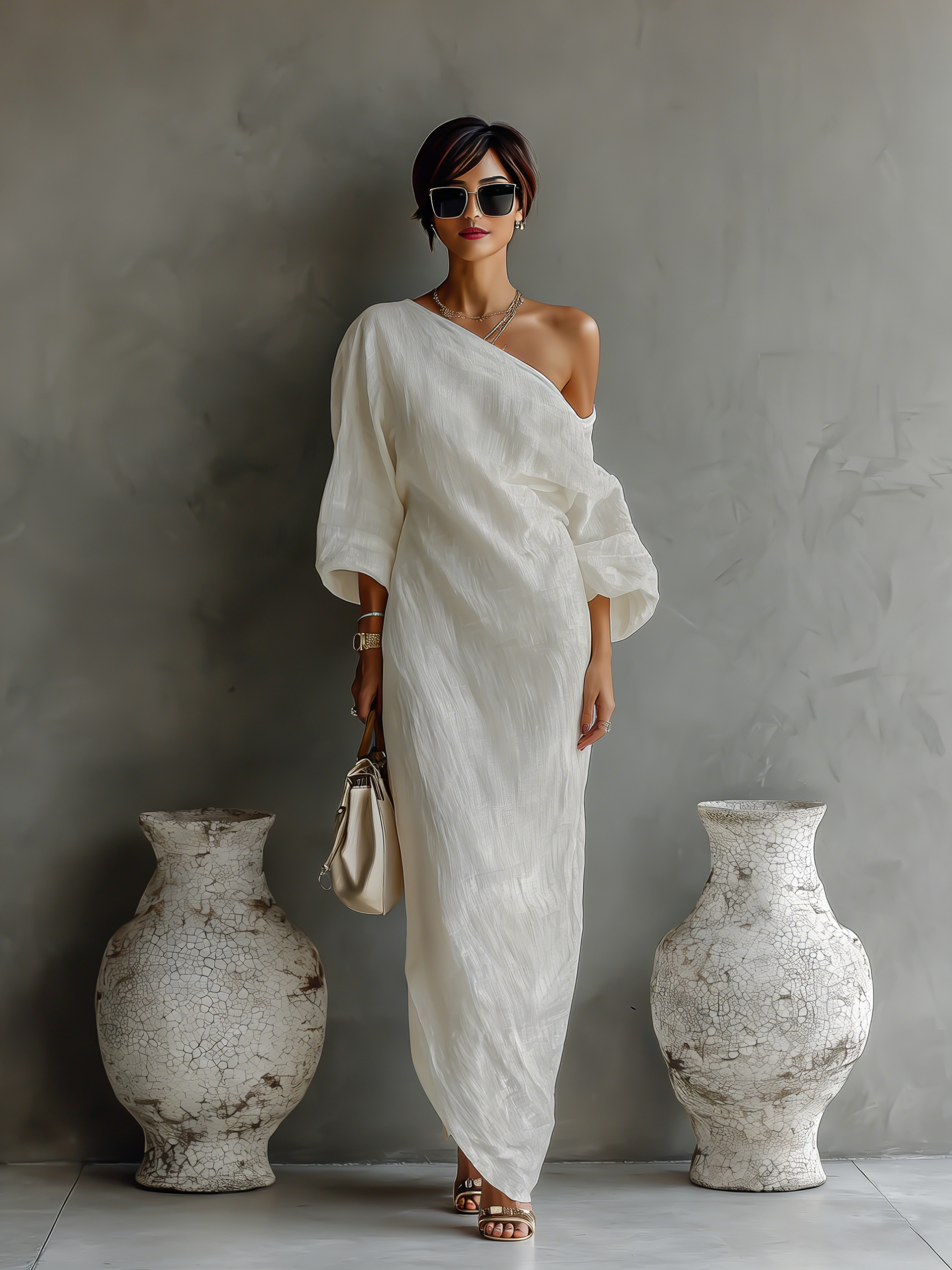 Elegant Flowing Dress in Ivory White with Off-Shoulder Design