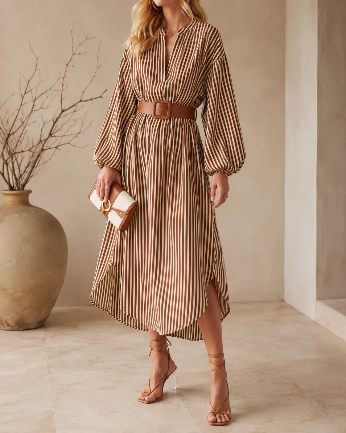 Sienna | Belted Striped Midi Shirt Dress