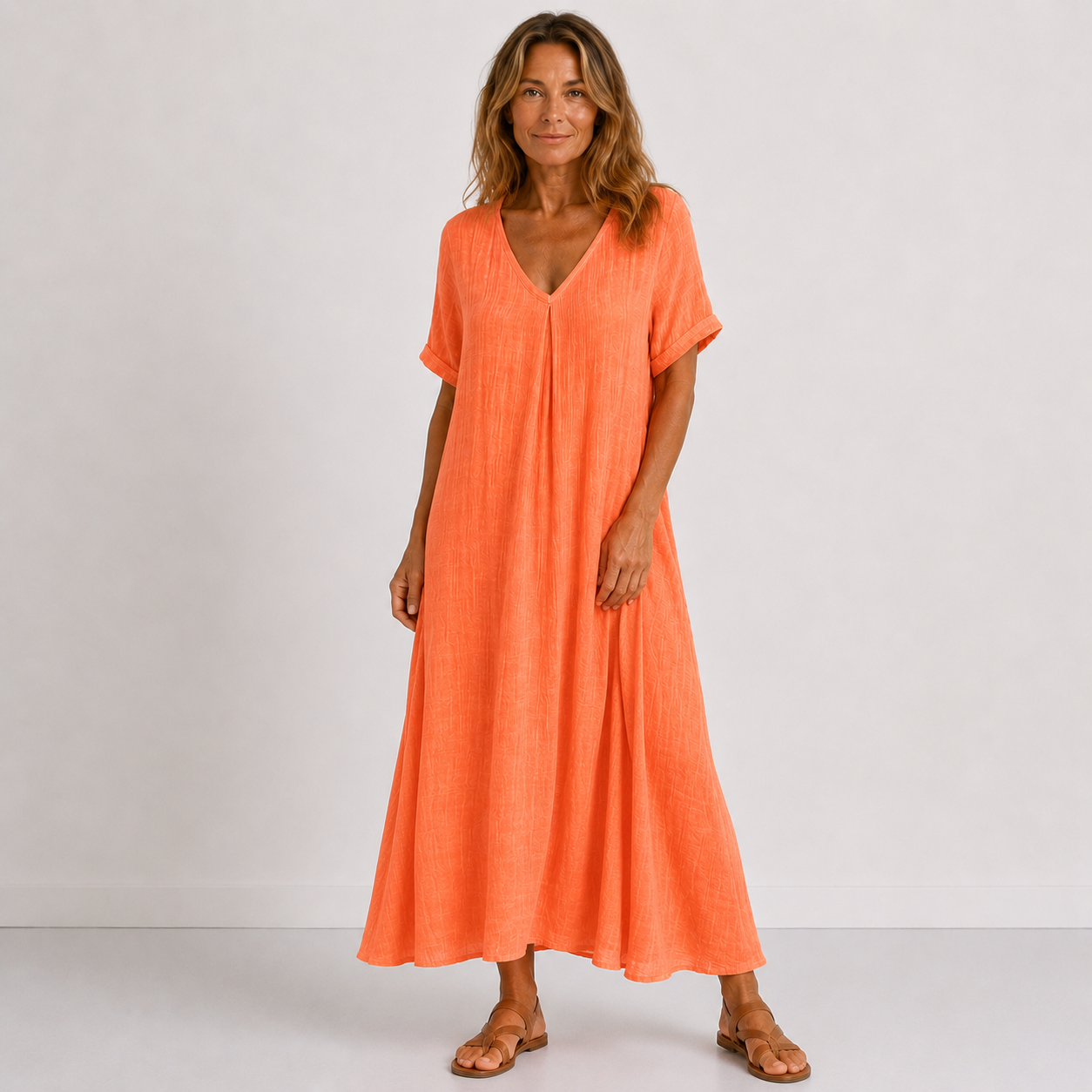 CORA | Green Flowy Maxi Dress with Short Sleeves