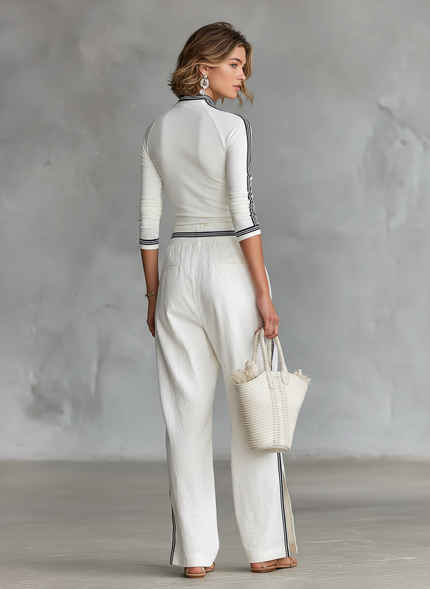 HALO | High-Neck Striped Trim Top Drawstring Wide-Leg Pants Set