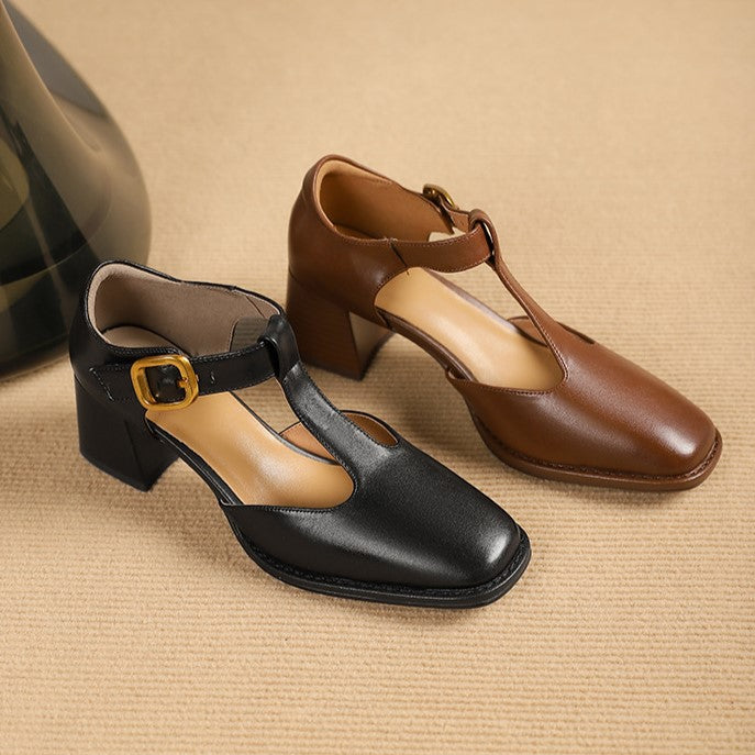 Marcele T-Strap Leather Heels