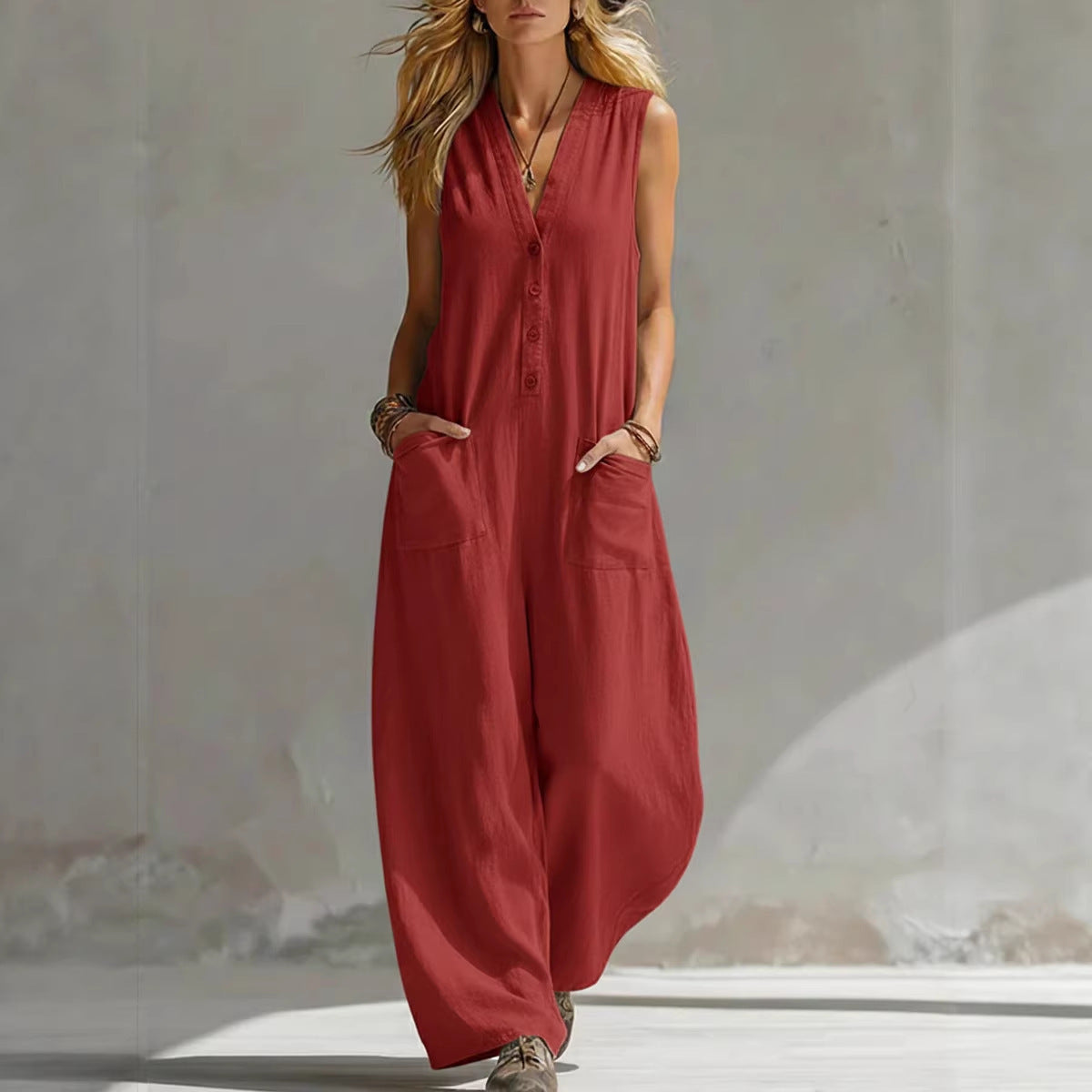 COOPER | V-Neck Button-Front Wide-Leg Jumpsuit with Pockets