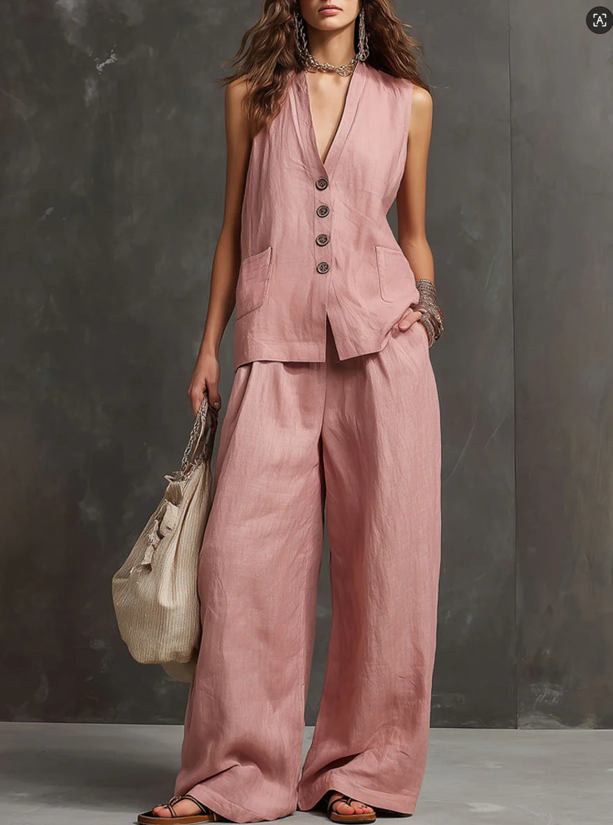 Two-Piece Set with Sleeveless Vest and Wide-Leg Pants