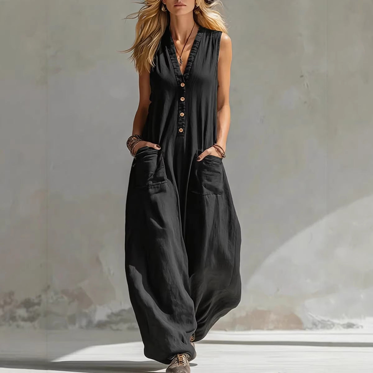 COOPER | V-Neck Button-Front Wide-Leg Jumpsuit with Pockets