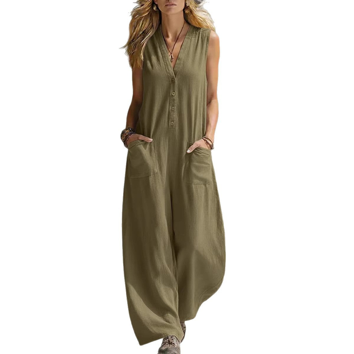COOPER | V-Neck Button-Front Wide-Leg Jumpsuit with Pockets