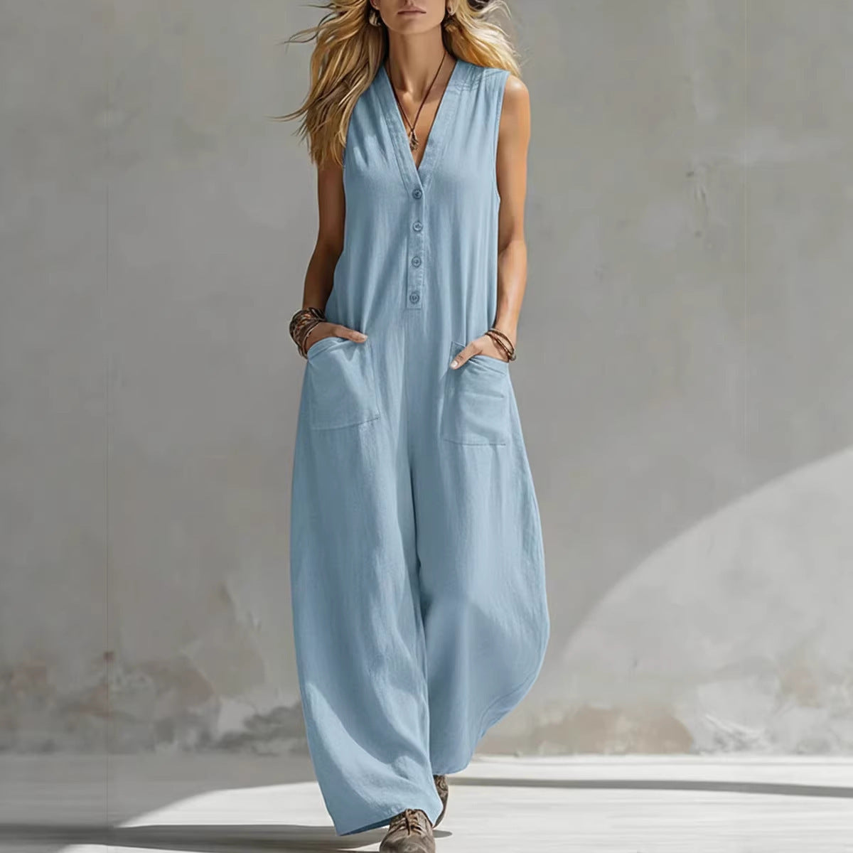 COOPER | V-Neck Button-Front Wide-Leg Jumpsuit with Pockets