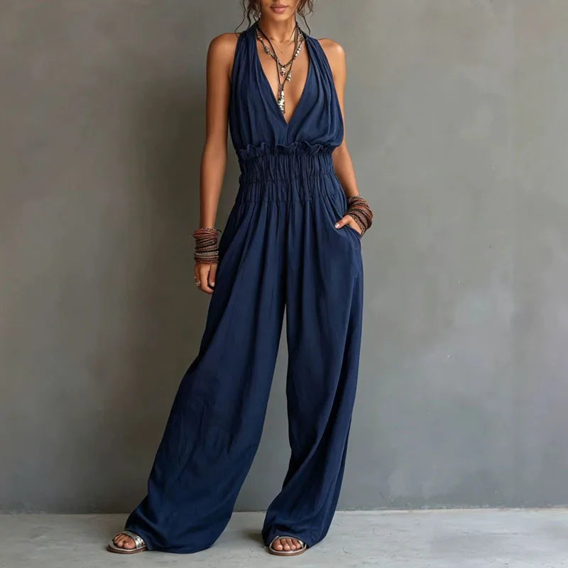 DELANEY | Halter Deep V-Neck Wide-Leg Jumpsuit with Smocked Waist