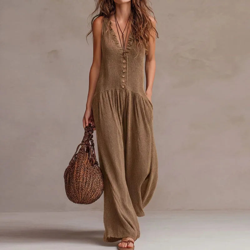 FAWN | V-Neck Button-Front Wide-Leg Jumpsuit