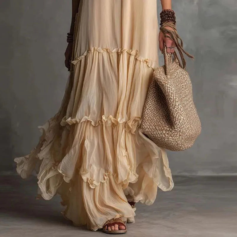IVY | Tiered Boho Maxi Dress with Ruffle Trim Neckline