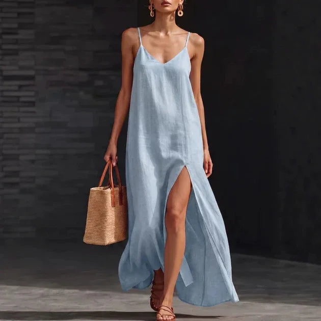 AVA | V-Neck Spaghetti Strap Slip Maxi Dress with Side Slit