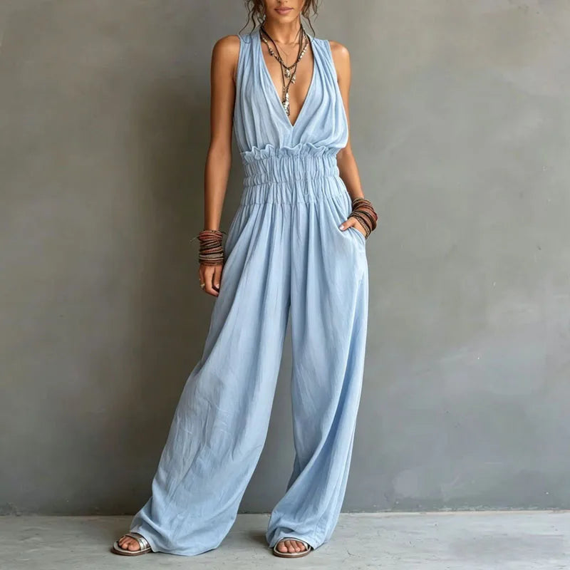 DELANEY | Halter Deep V-Neck Wide-Leg Jumpsuit with Smocked Waist