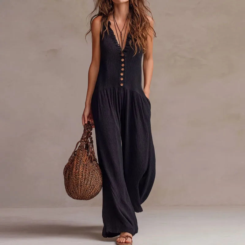 FAWN | V-Neck Button-Front Wide-Leg Jumpsuit