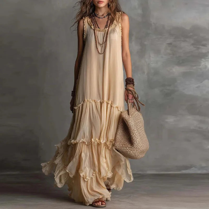 IVY | Tiered Boho Maxi Dress with Ruffle Trim Neckline