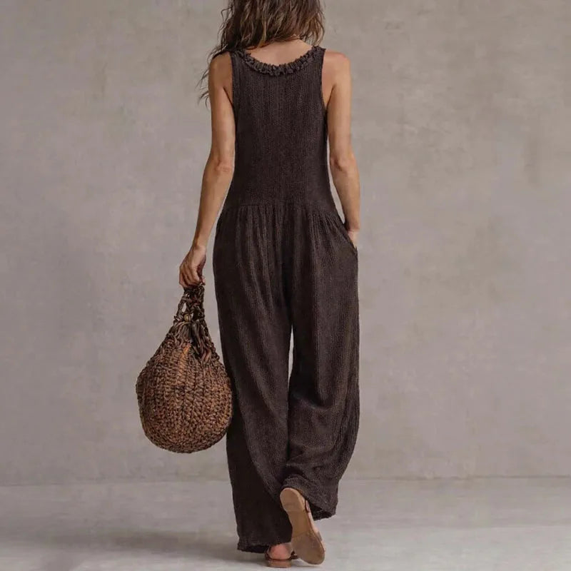 FAWN | V-Neck Button-Front Wide-Leg Jumpsuit