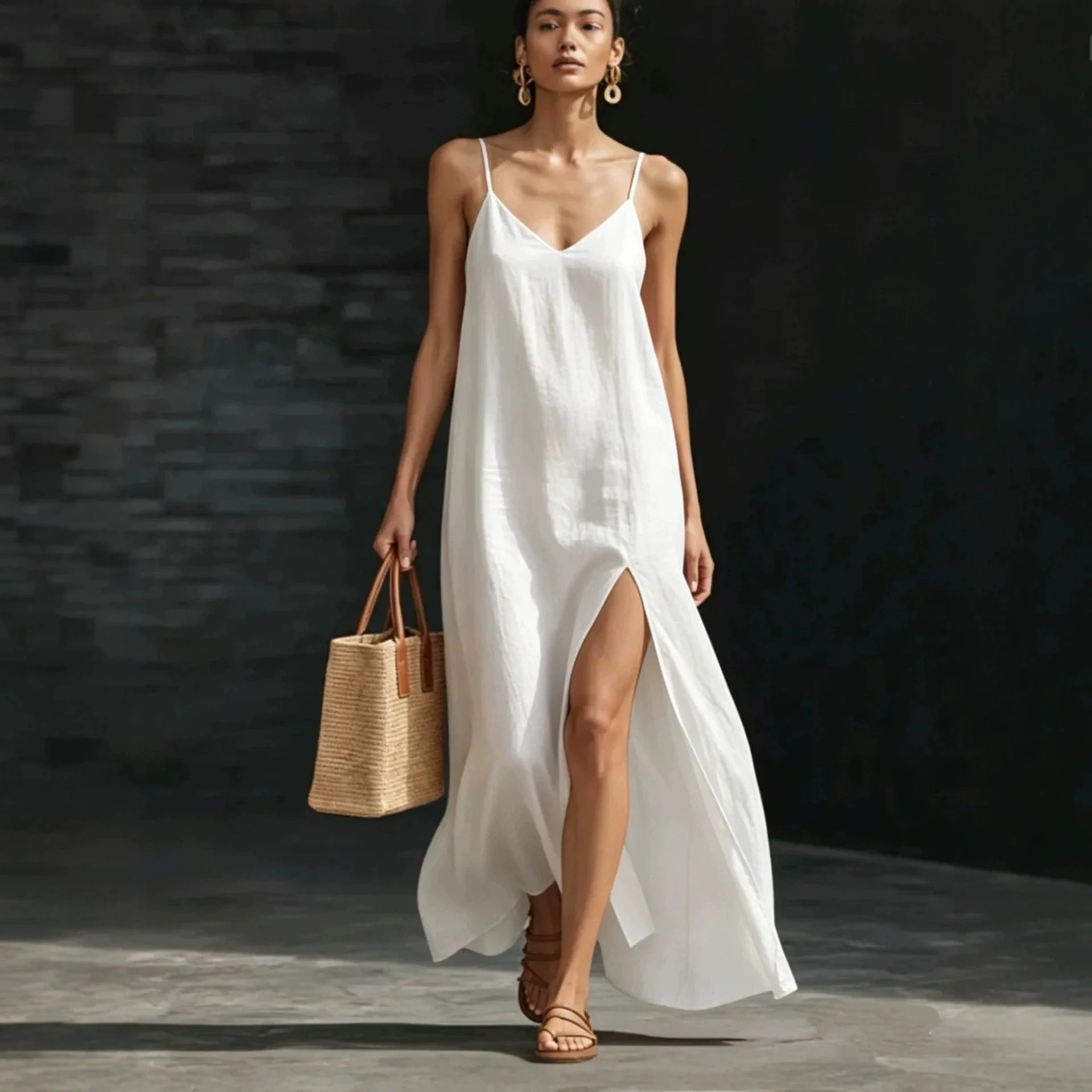 AVA | V-Neck Spaghetti Strap Slip Maxi Dress with Side Slit