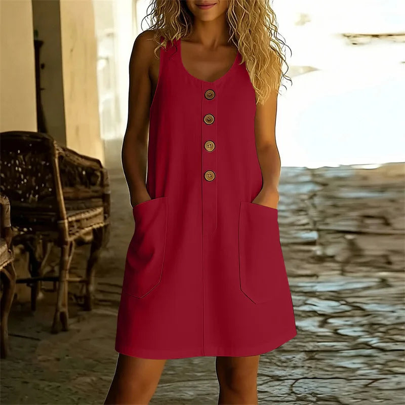 HAZEL | Button-Down U-Neck Mini Dress with Patch Pockets