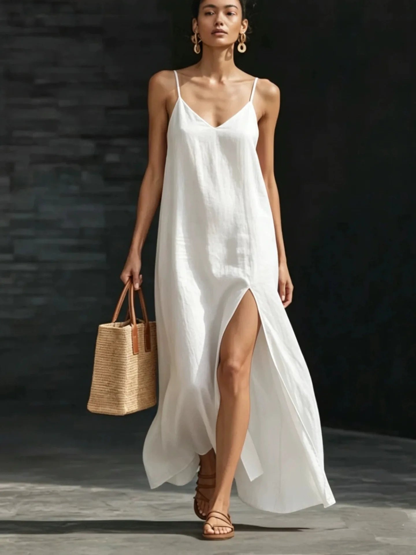AVA | V-Neck Spaghetti Strap Slip Maxi Dress with Side Slit