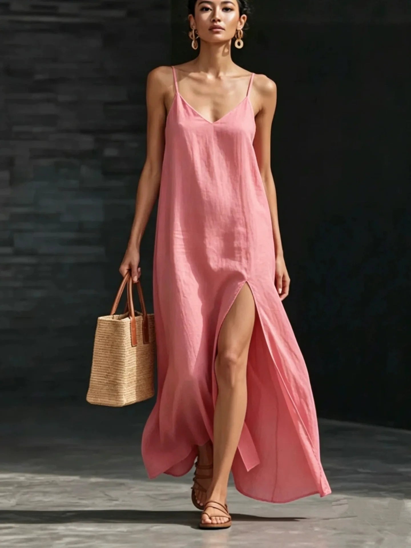 AVA | V-Neck Spaghetti Strap Slip Maxi Dress with Side Slit