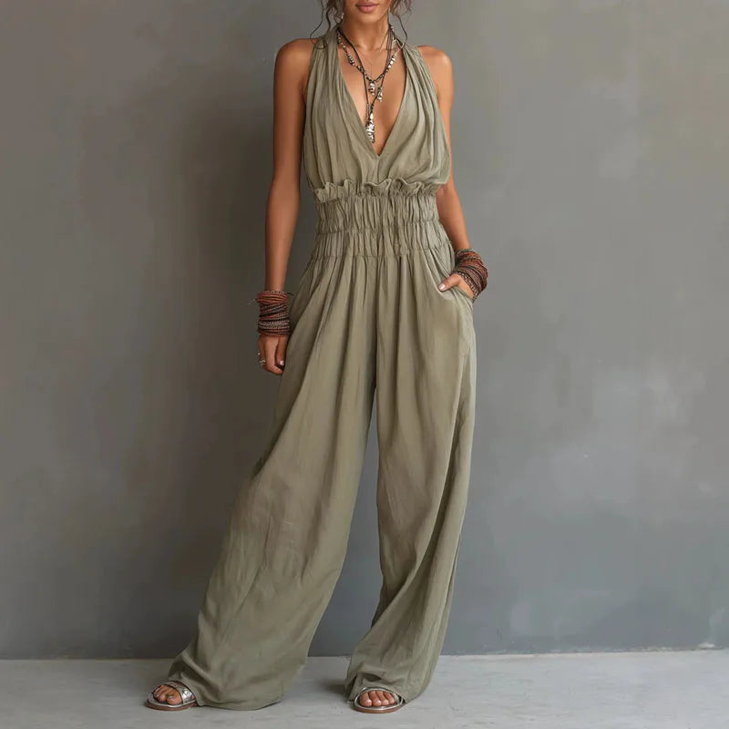 DELANEY | Halter Deep V-Neck Wide-Leg Jumpsuit with Smocked Waist