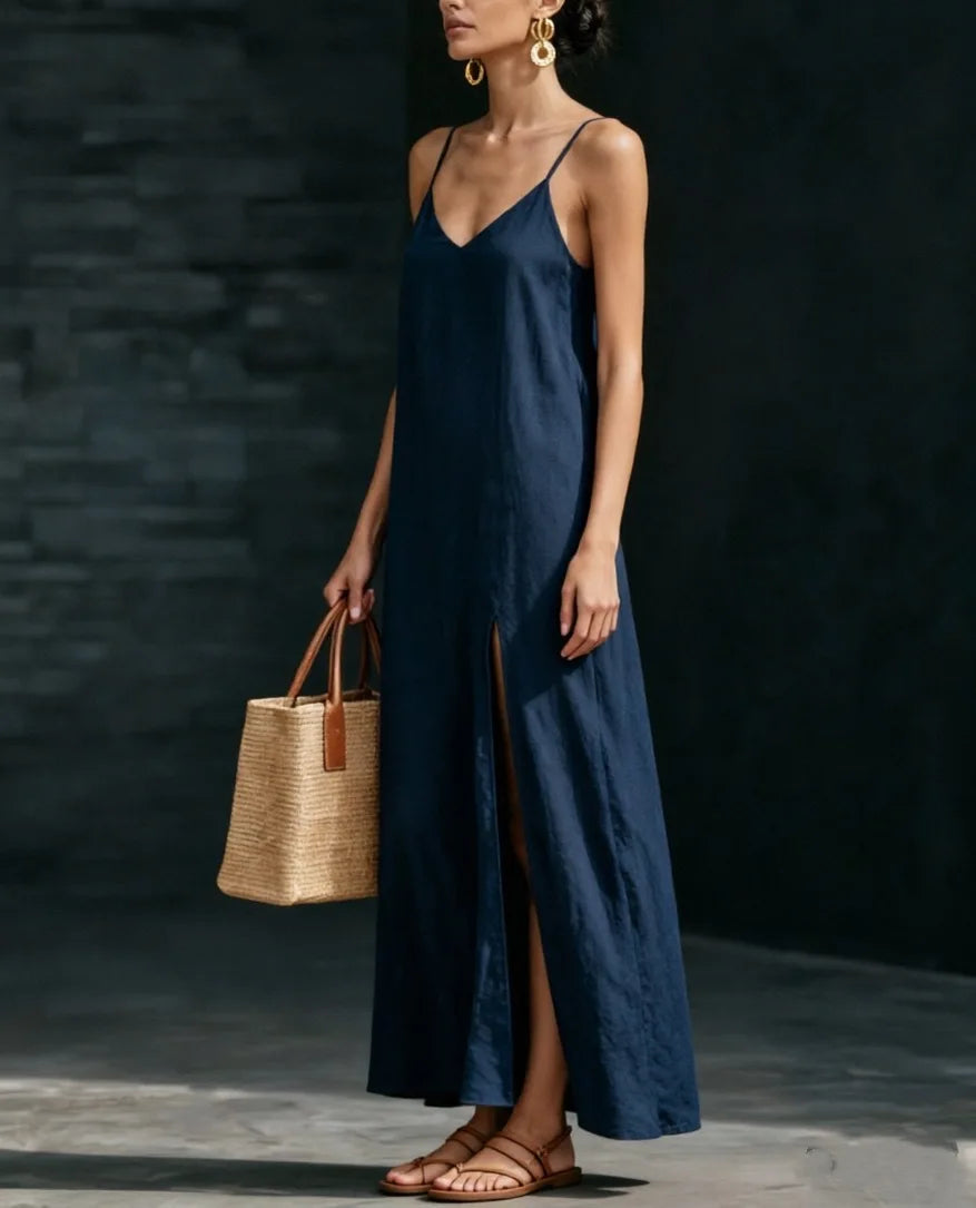 AVA | V-Neck Spaghetti Strap Slip Maxi Dress with Side Slit
