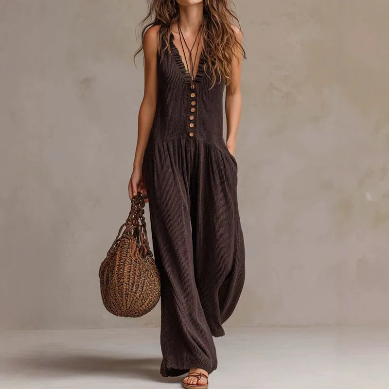 FAWN | V-Neck Button-Front Wide-Leg Jumpsuit