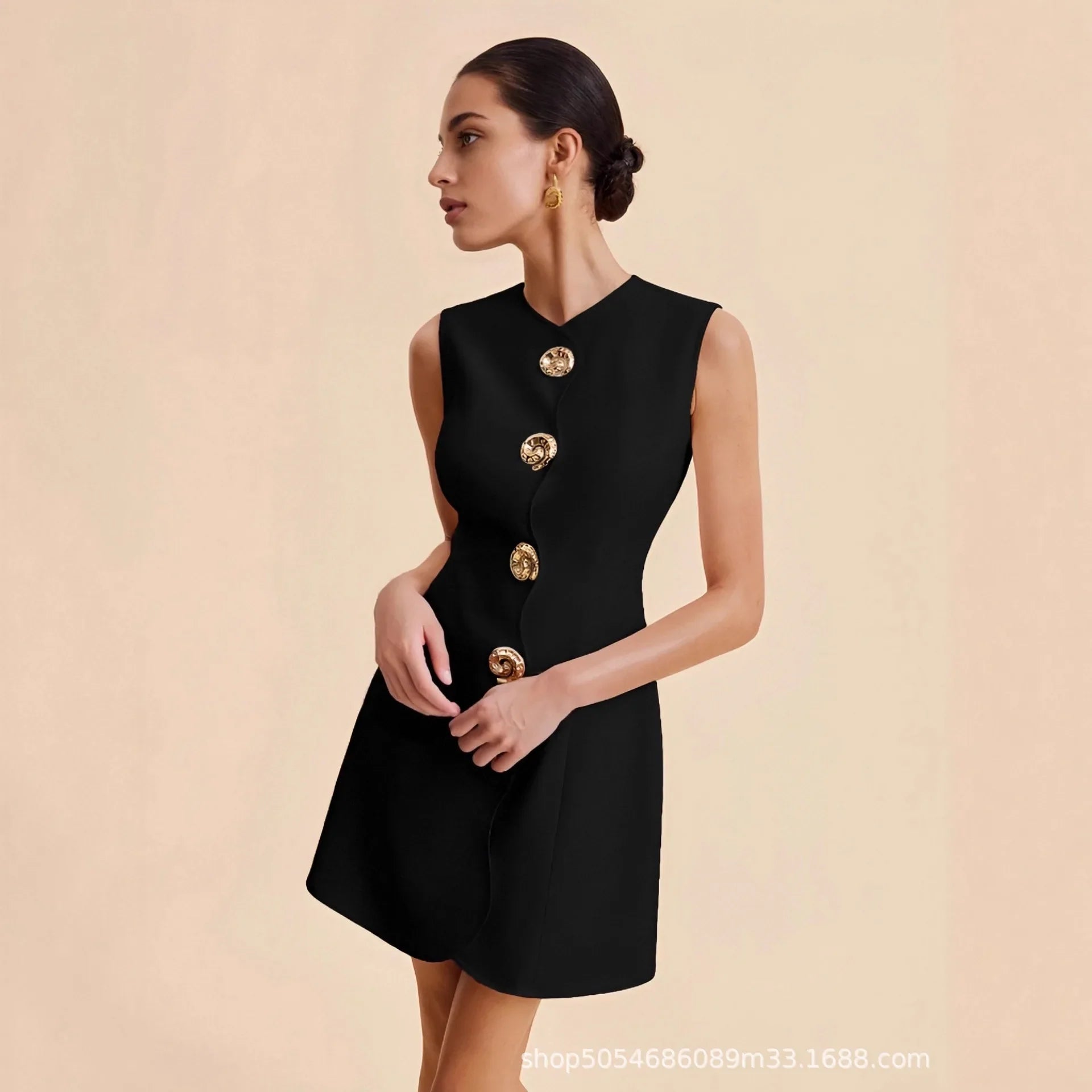 STELLA | V-Neck Mini Dress with Gold Button Detail