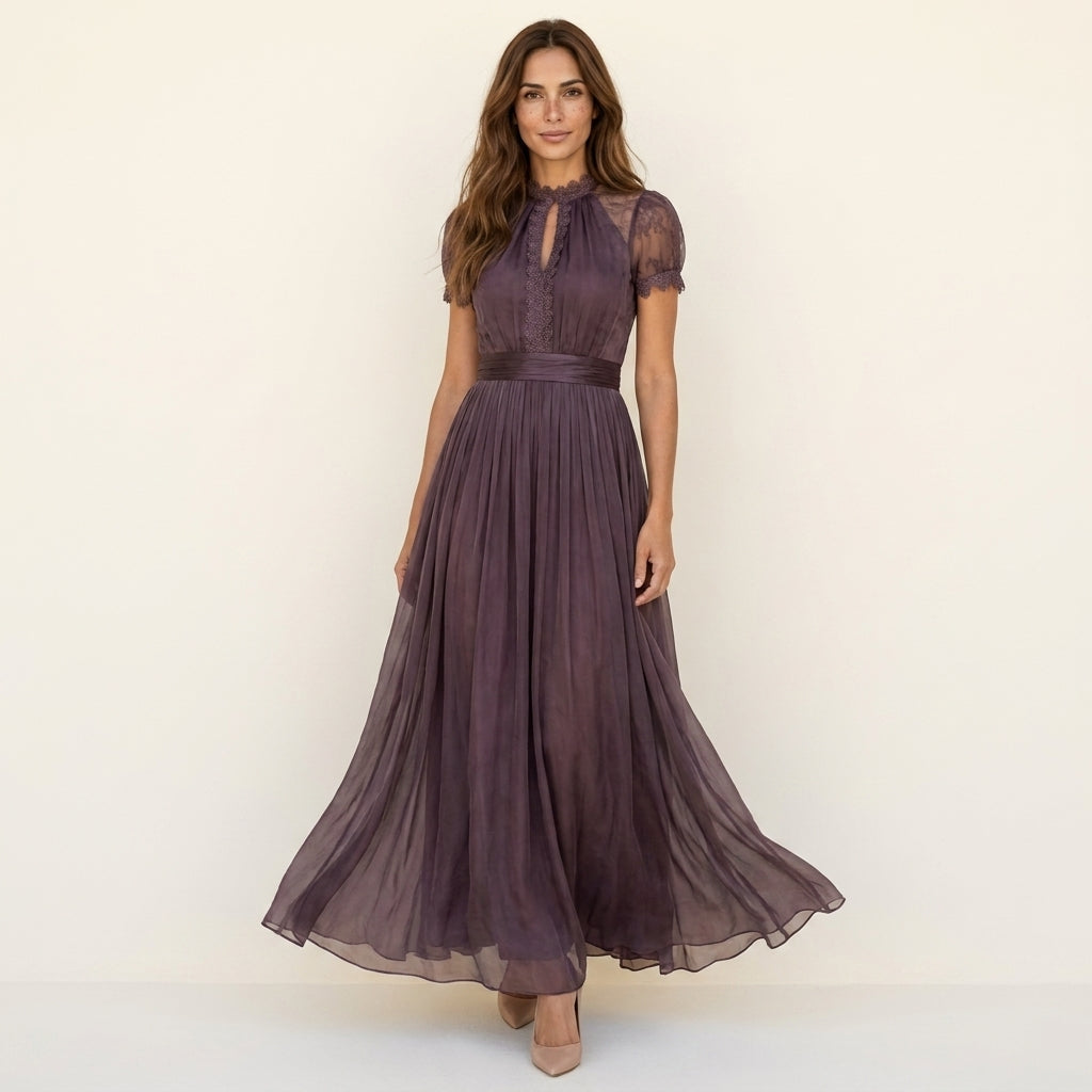 FLAVIA | Long Violet Lace Dress Elegant Silhouette Special Occasion