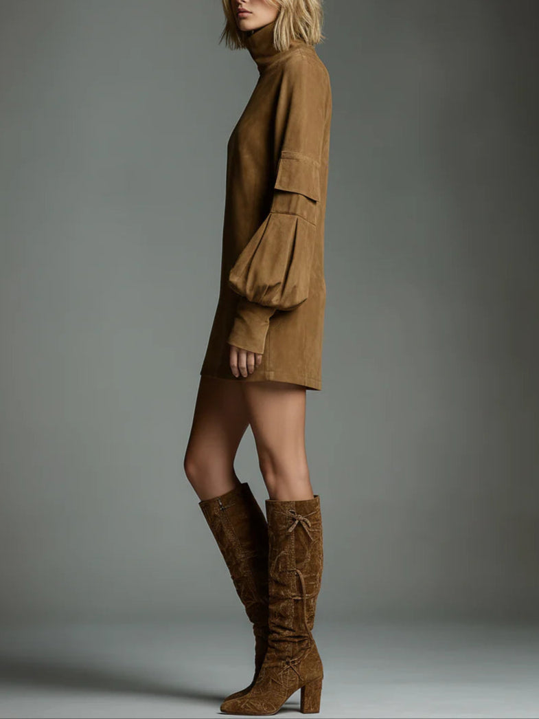 Buy | Loose suede mini dress with high neck