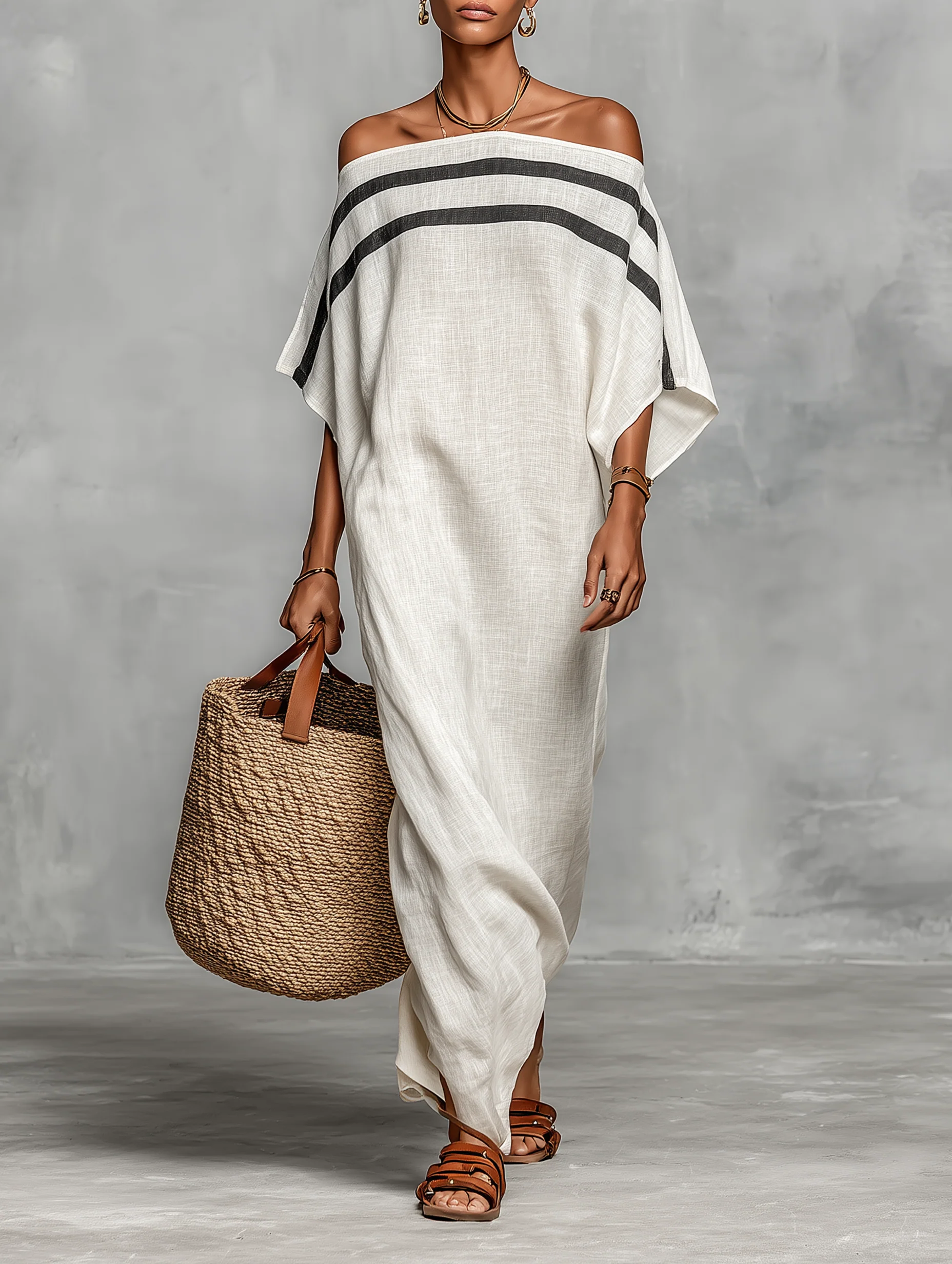 WILLOW | Off-Shoulder Striped Maxi Dress with Batwing Sleeves