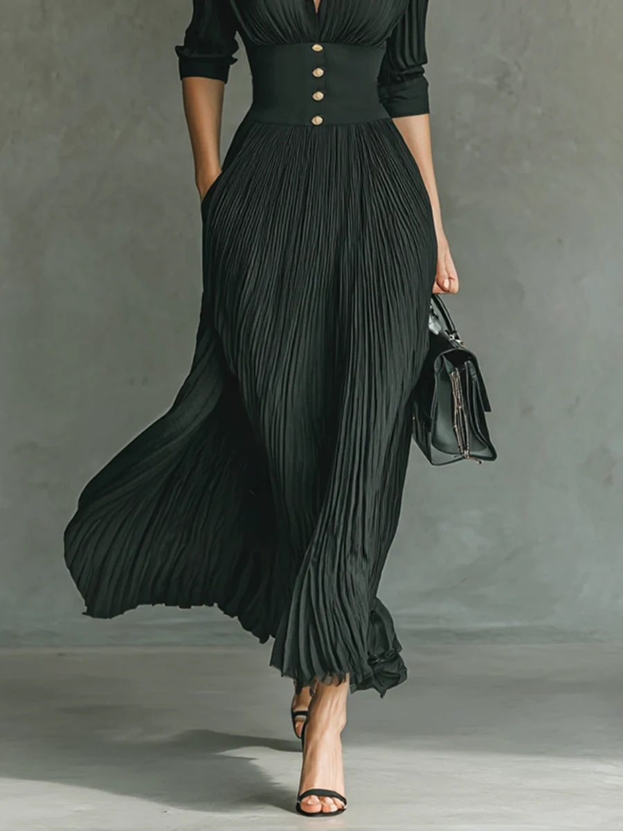 Elvira | Long Pleated Dress with Lapels and High Waist