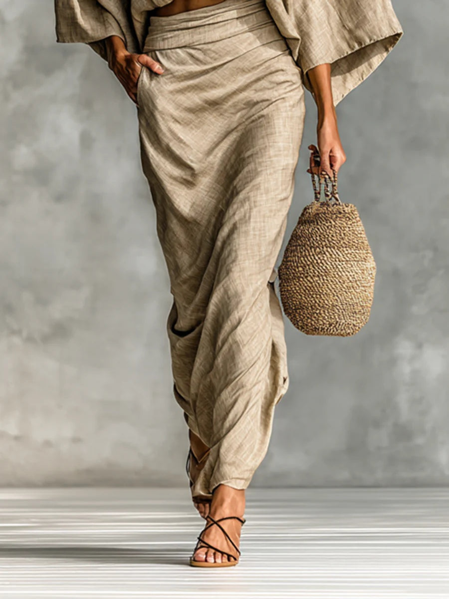 WILLOW | Beige Two Piece Set with Batwing Top and Long Skirt for Effortless Elegance
