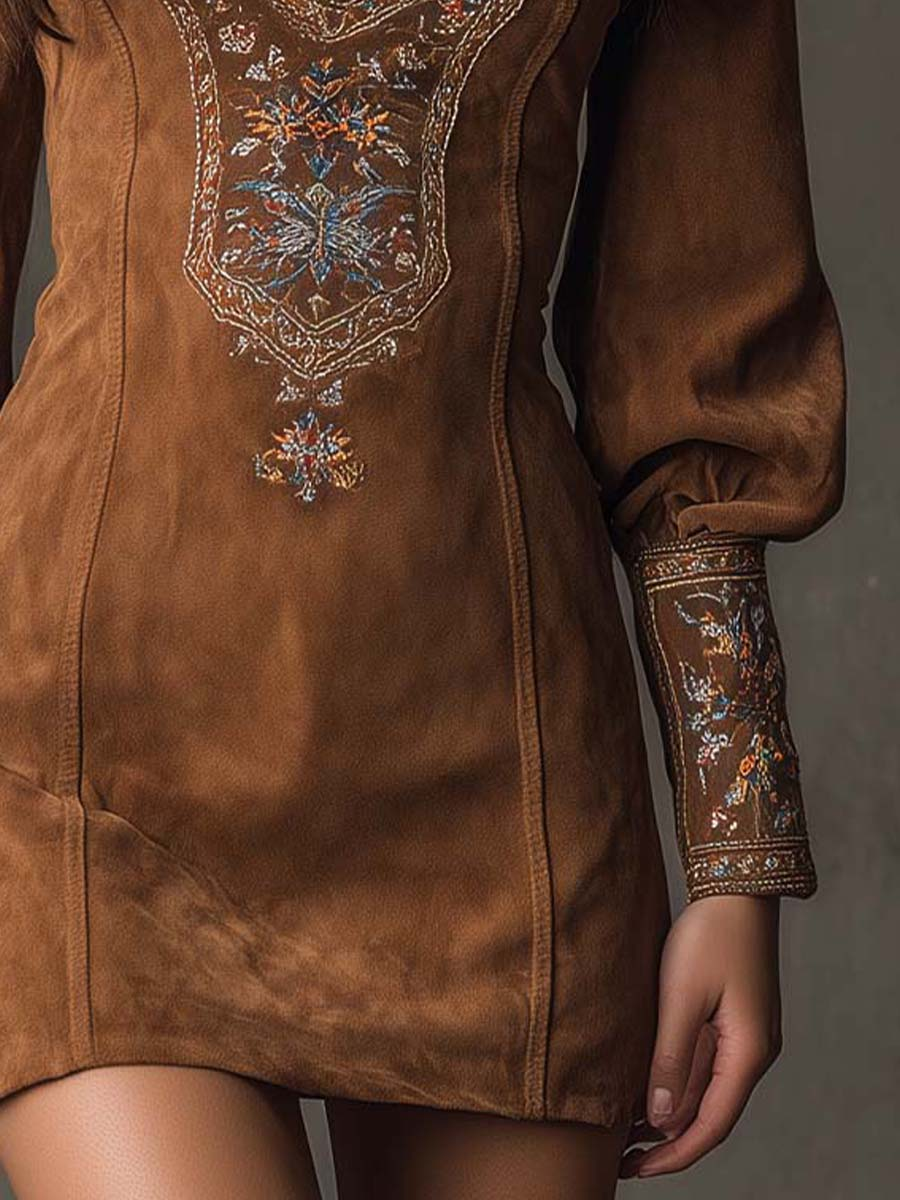 Lunori™ | Mini suede dress with embroidery Purple