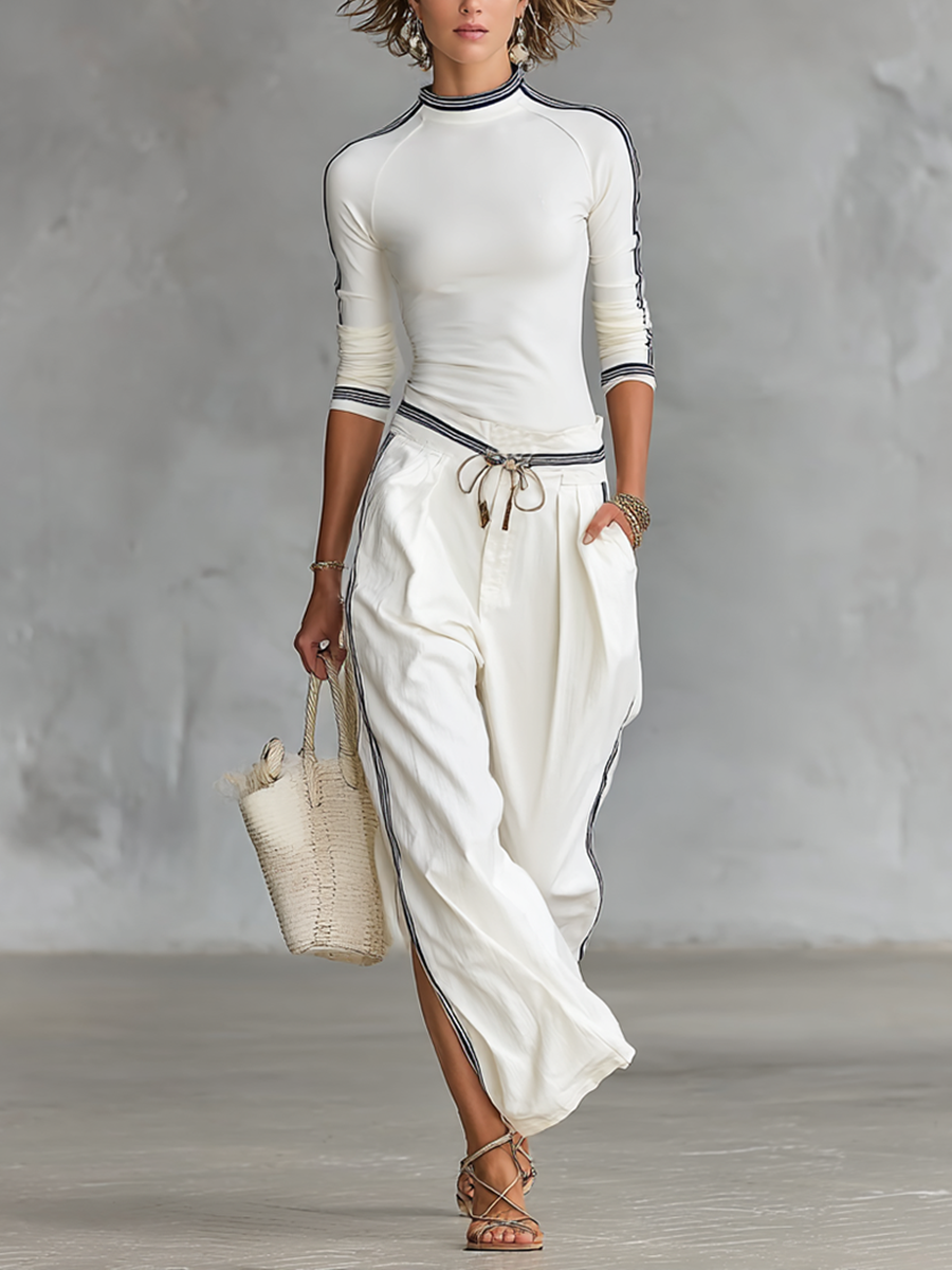 HALO | High-Neck Striped Trim Top Drawstring Wide-Leg Pants Set