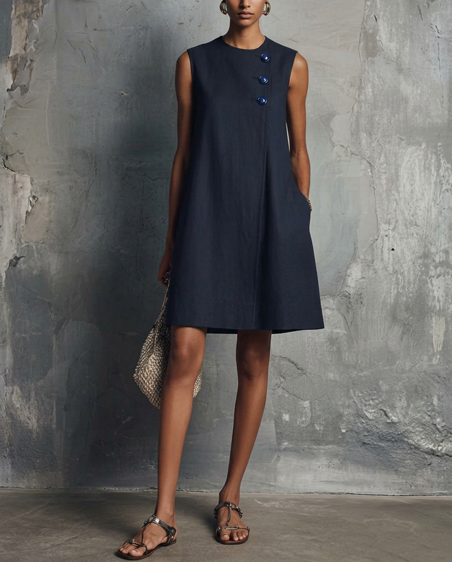 AUBREY | Round Neck Mini Dress with Asymmetric Buttons